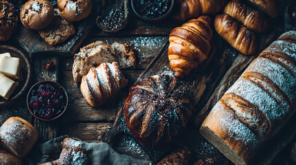 Assortment of freshly baked bread and pastries on wooden table