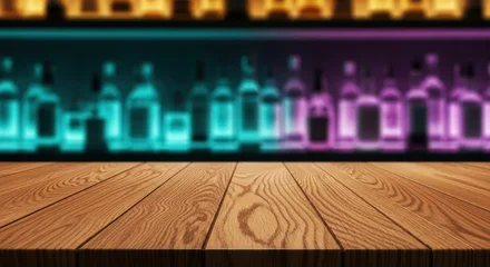 Wandcirkels Bar Warm Wooden Bar Counter in Front of a Blurred Display of Colorful Liquor Bottles Under Neon Lights  © Alya