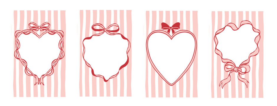 Set of romantic heart frames with bows on pink striped background. Cute hand-drawn borders for valentine cards and love messages. Perfect for invitations, posters and social media designs.