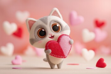 A cute cat holding a heart in its mouth