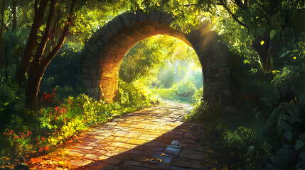 Serene stone archway in lush forest with sunlight filtering through trees