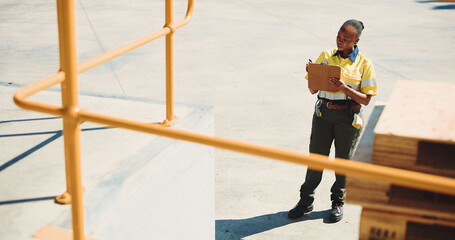 Logistics, clipboard and writing with black woman outdoor for supply chain, cargo checklist and export. Distribution manager, transport coordinator and quality assurance with person at warehouse