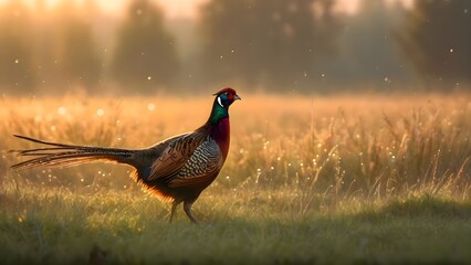 Fototapeta premium Pheasant standing in grassy terrain with blooming flowers nearby, captured in natural light to emphasize wildlife behavior and peaceful interaction with the surrounding vegetation