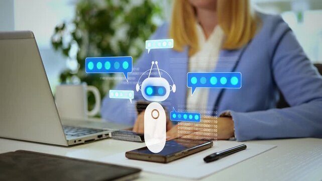 Businesswoman using laptop and smartphone, interacting with AI chatbot interface in modern office