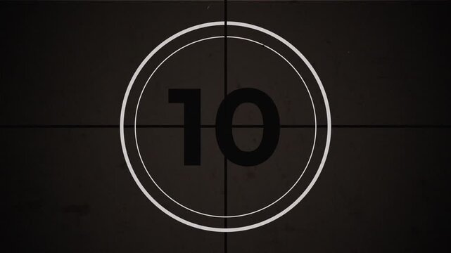 15 seconds old movie countdown with authentic film leader look, including subtle flicker, grain, dust and scratches. Suitable for trailers, title sequences, and vintage-style video projects.