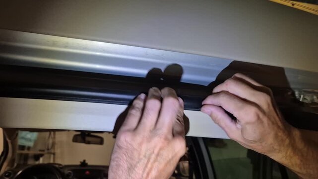 Car interior rubber seal adjustment by hands, performing careful automotive maintenance and repair work on vehicle roof.