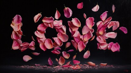 A painting of pink petals with the word LOVE written in the middle