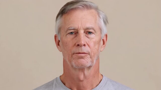Adult man face gradually aging over time in neutral studio background