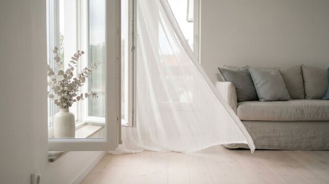White curtains blowing in the breeze by open window