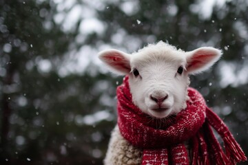 Cute lamb with red scarf in snowy winter setting, showcasing warmth and coziness in a cold environment.