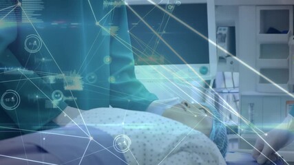 Animation of network of connections over male surgeon talking with patient - Powered by Adobe