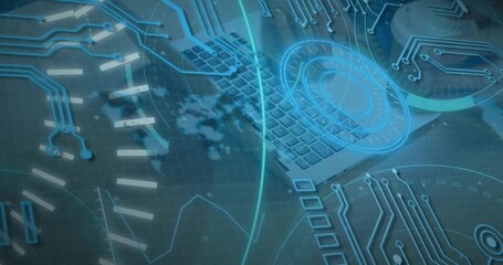 Animation of 5g text, data processing over cables of computer server - Powered by Adobe