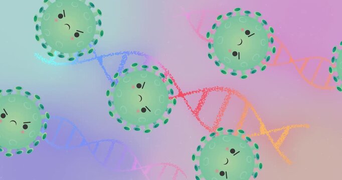 Animation of angry covid 19 cells moving over dna strands spinning