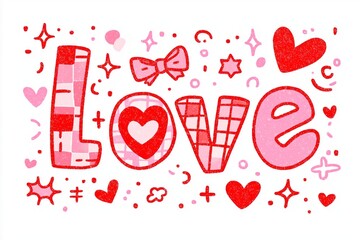Love is written in pink letters on a white background