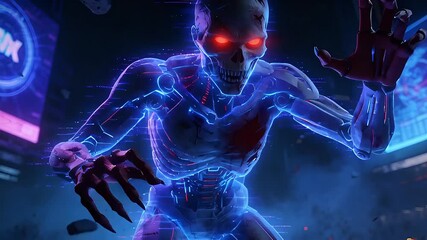 Cybernetic Skeleton in Neon-Lit Digital Realm - A Glimpse into the Future of AI and Robotics. - Powered by Adobe