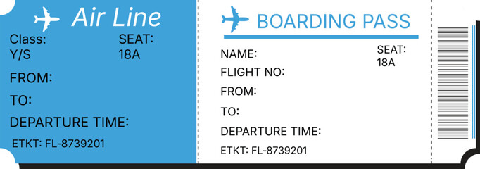 Flat vector air ticket or boarding pass for airline travel, with Boarding Pass and flight details, suitable for travel and transport themes.