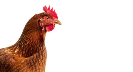 Healthy adult brown domestic hen, prominent red comb and wattle, detailed brown feathers, alert eyes, against a pristine transparent studio background. concept of farm-fresh quality