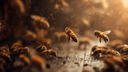 Macro nature wildlife photography of a yellow and  honey bee or bumblebee with pollen on a green leaf in a summer meadow field closeup