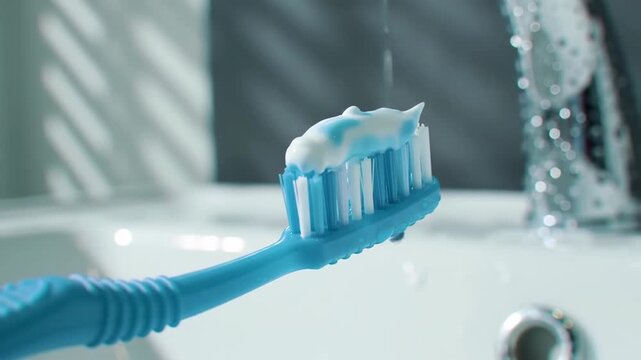 Close-up of a blue toothbrush with toothpaste on a white sink background.