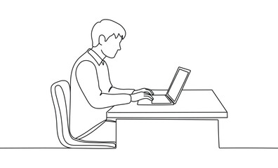 Professional man diligently working on laptop at office desk continuous line drawing illustration