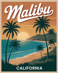 Malibu Travel Poster &ndash; Classic California Beach Vacation Art