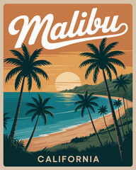Malibu Beach Travel Poster &ndash; Retro Coastal Sunset Beach Illustration