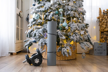 Sports equipment dumbbells, a fitness mat, and fitness bands lie under the Christmas tree at home as a gift for Christmas and New Year