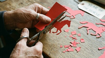 Hands cutting out horse shapes from red paper with scissors on a wooden table