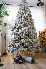 Sports equipment dumbbells, a fitness mat, and fitness bands lie under the Christmas tree at home as a gift for Christmas and New Year