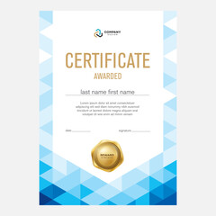 Certificate design, creative geometric background with triangles, award diploma template, certificate.