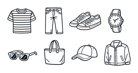 Stylish clothing and accessories: t-shirt, jeans, shoes, watch, sunglasses, bag, cap, jacket