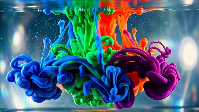 Vibrant colored ink splashes in water, creating swirling patterns and textures in a mesmerizing display of fluid dynamics