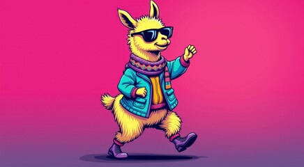 Obraz premium Cartoon llama with sunglasses and a scarf walking