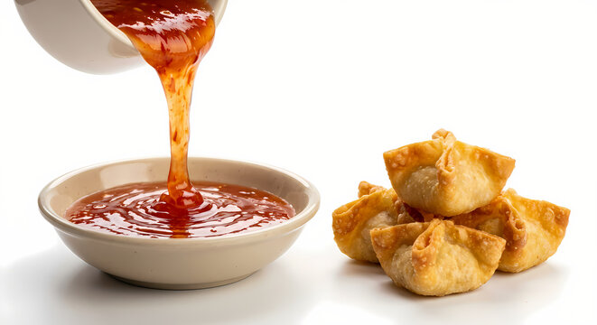 Crab rangoon with sauce pour isolated on white background