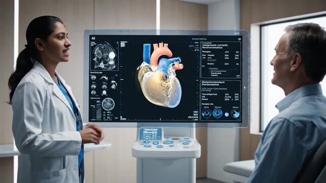 Doctor and patient reviewing AI-powered diagnostic overlay on a 3D heart scan for precise medical analysis
