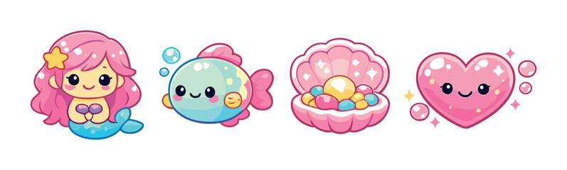Cute cartoon mermaid, fish, shell, and heart characters with sparkles