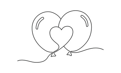 Romantic balloons united by a heart shaped continuous line art string symbol of love and affection graphic design