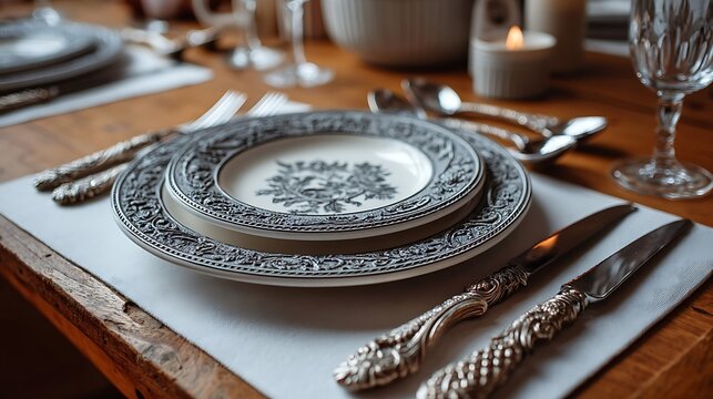 A detailed close-up of an ornate plate resting atop a crisp white place mat, surrounded by elegant cutlery on a charming wooden table.