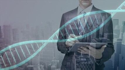 Animation of dna strand over caucasian businessman with tablet - Powered by Adobe