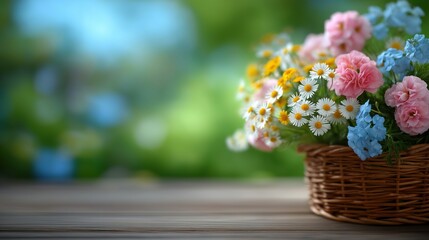 A basket of flowers sits on a wooden table