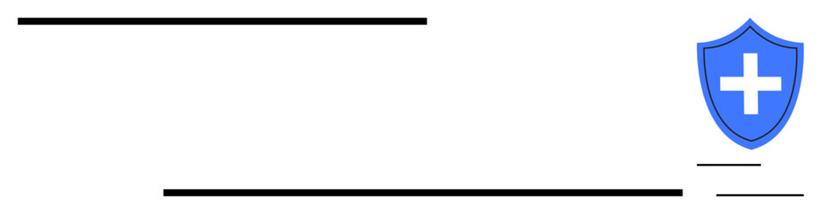 Fototapeta premium Healthcare, security, safety, protection, digital identity, medical concept. A blue shield with a white cross beside horizontal lines on a white background. Healthcare and security