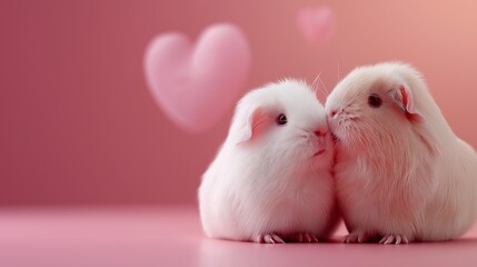 Two white pet rabbits are kissing each other on a pink background