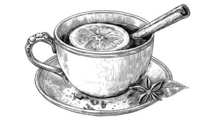 Hand drawn tea cup illustration with lemon slice cinnamon stick star anise vintage engraving isolated on white background