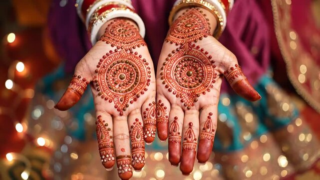 Closeup of beautifully applied henna mehndi on brides hands with festive bokeh background 4k video background