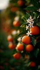 Close-up of ripe oranges with white blossoms on a tree, showcasing natural beauty and lush greenery in daylight.