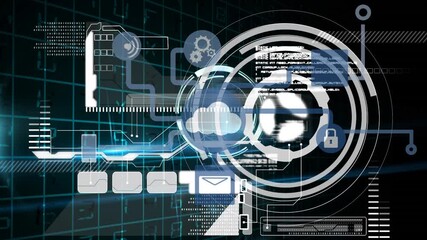 Animation of digital screen with diverse data and tech icons - Powered by Adobe