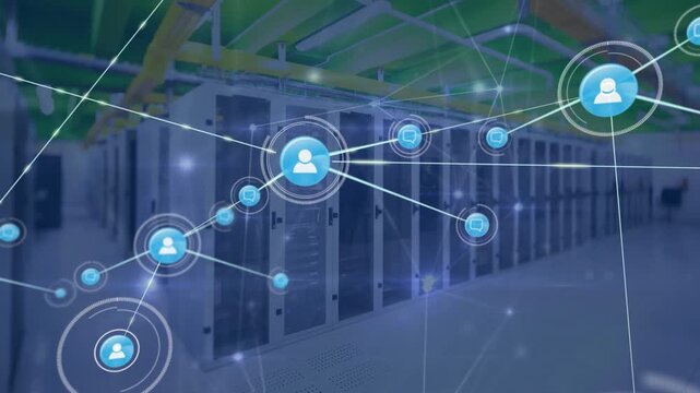 Animation of profile icon, speech bubbles connecting with lines against server room