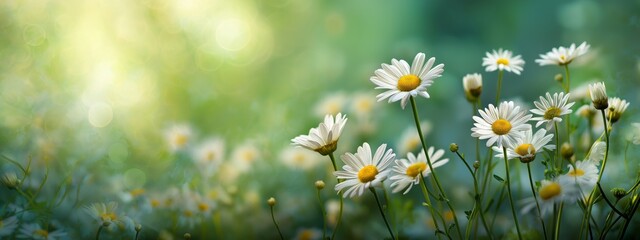 A field of white daisies with a green background