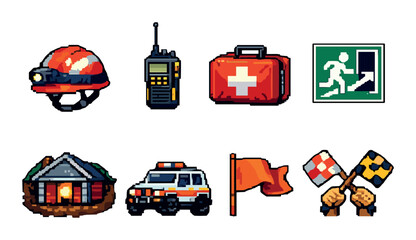 Pixel art emergency icons: safety symbols and rescue gear collection