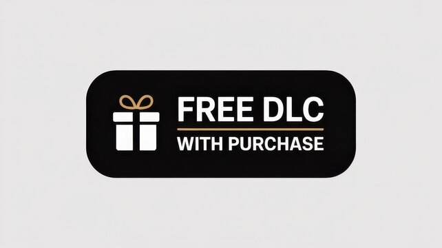 Black rounded gift badge with gold bow &mdash; FREE DLC WITH PURCHASE (gaming promo)
